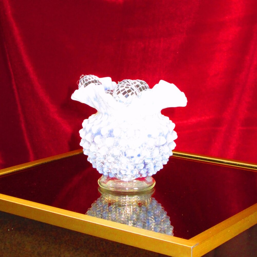 Fenton Opalescent White Hobnail Double Ribbon Glass Vase